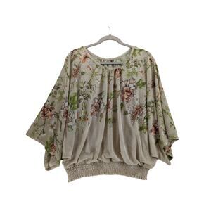 Susan Graver Floral Blouse S Cream Loose Fit Batwing Top Crew Elastic Hem Office